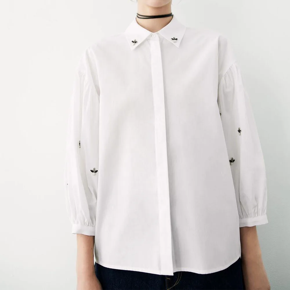 

2022 Za spring Za spring new women's Water Diamond White poplin shirt