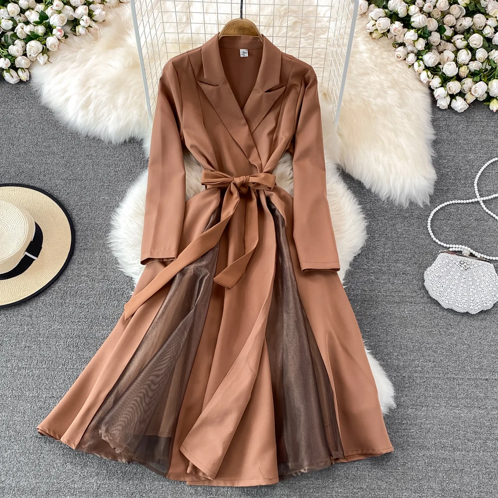 

FTLZZ Spring Autumn New Women High Waist Slim Color Blocking Long Sleeve Dress Female Sash tie up Fashion Casual A-Line Dresses