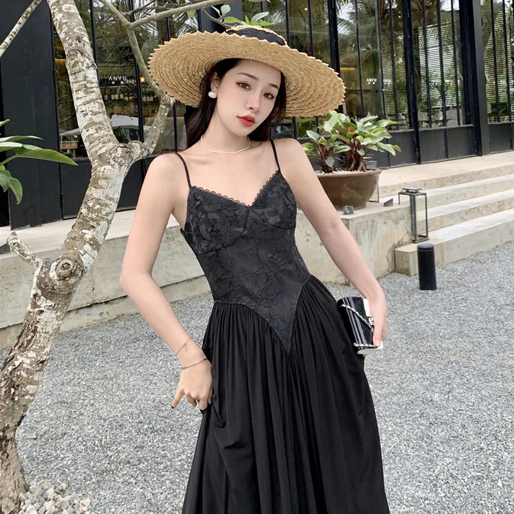 

Женское длинное платье с V-образным вырезом, Черное Кружевное Платье составного кроя с открытой спиной, лето 2023