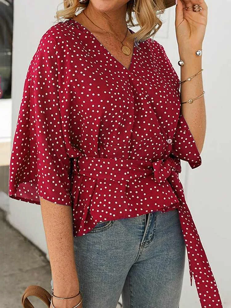 

Celmia Polka Dot Holiday Tops Tie Waist Loose Blouses Fashion Wrapped V-neck Blusa 2023 Summer Casual Women Dolman Sleeve Shirts