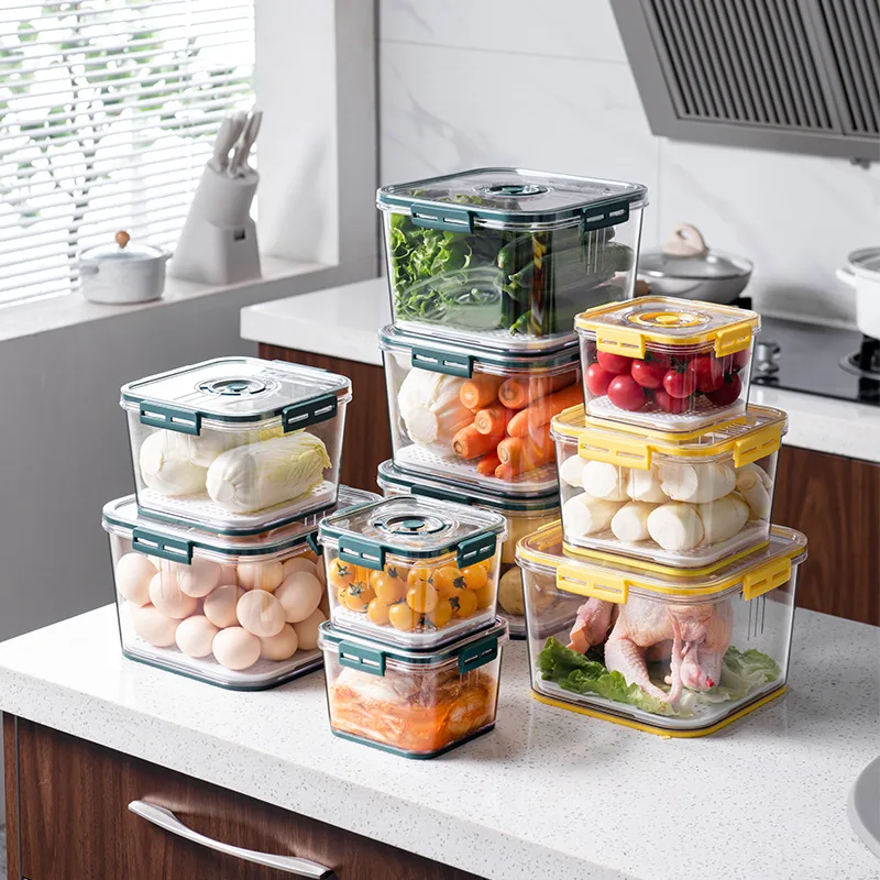 

Refrigerator Organizer Food Preservation Box Storage Container with Seal Lid Timer Drainer Transparent Hermetic Pot Plastic PET