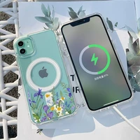 crocus flower vintage phone case transparent magsafe magnetic magnet for iphone 13 12 11 pro max mini wireless charging