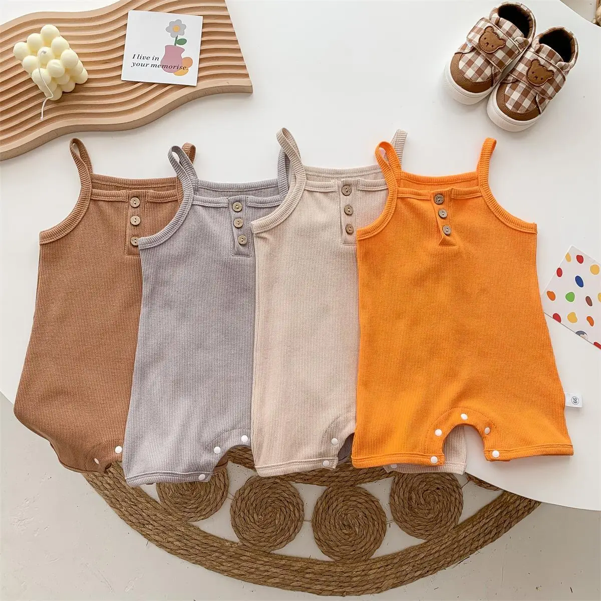 

2022 summer baby girls boys sling jumpsuit solid color thin baby's short climbing romper cotton breathable 1-3yrs Outing clothes