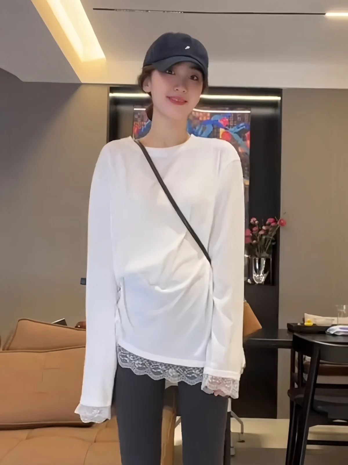 Plus Size Patchwork Lace White Long sleeves Shirt Women 2024 Spring and Autumn New Versatile Cotton Loose Bottoming Top