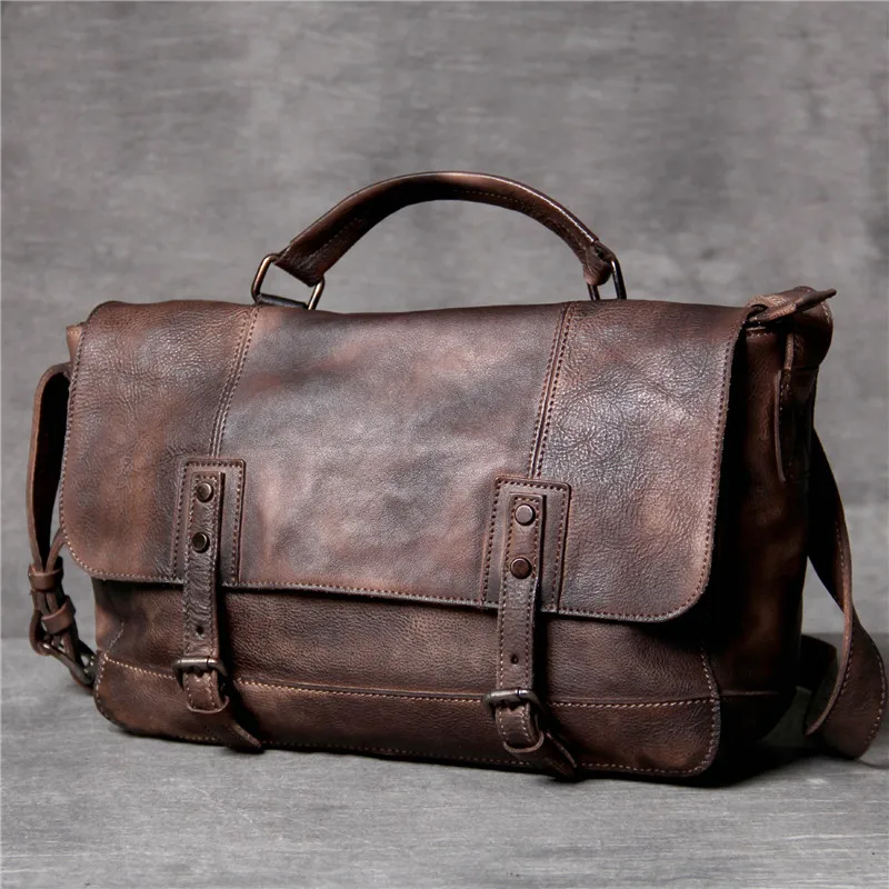 Vintage casual genuine leather men's messenger bag fashion outdoor designer natural real cowhide work tablets shoulder bag