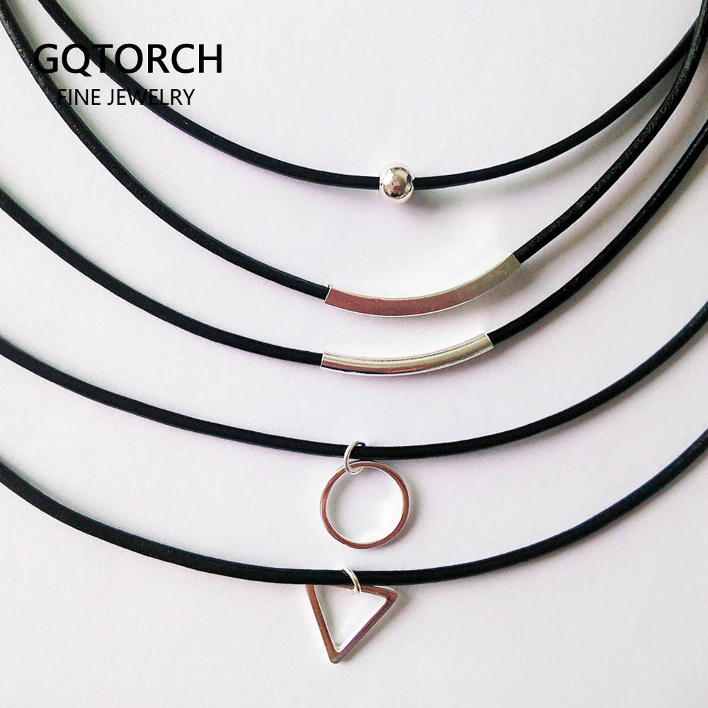 

925 Sterling Silver Simple Chokers Necklaces For Women Geometry Pendant Black Genuine Leather Necklaces & Pendants 2017 Collares