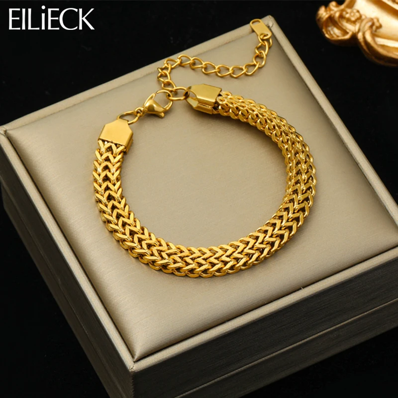 

EILIECK 316L Stainless Steel Gold Color Thick Chain Bangles Bracelet For Women Girl Fashion Waterproof Jewelry Gift Accessories