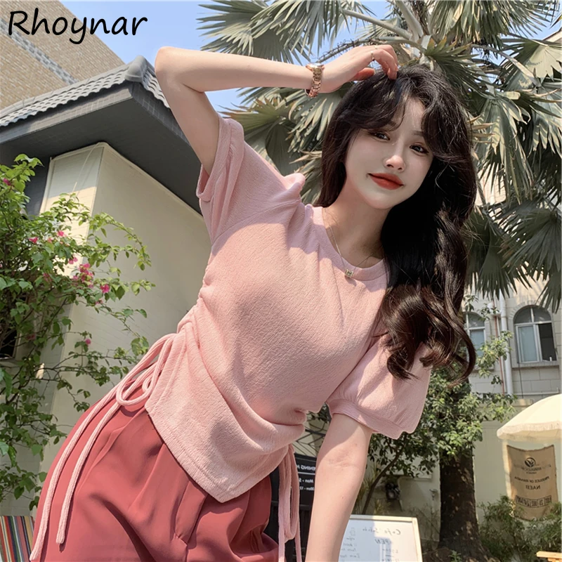 

Футболка женская с коротким рукавом, укороченный топ, пикантный однотонный бандажный нежный модный дизайнерский праздничный, в стиле Харад...