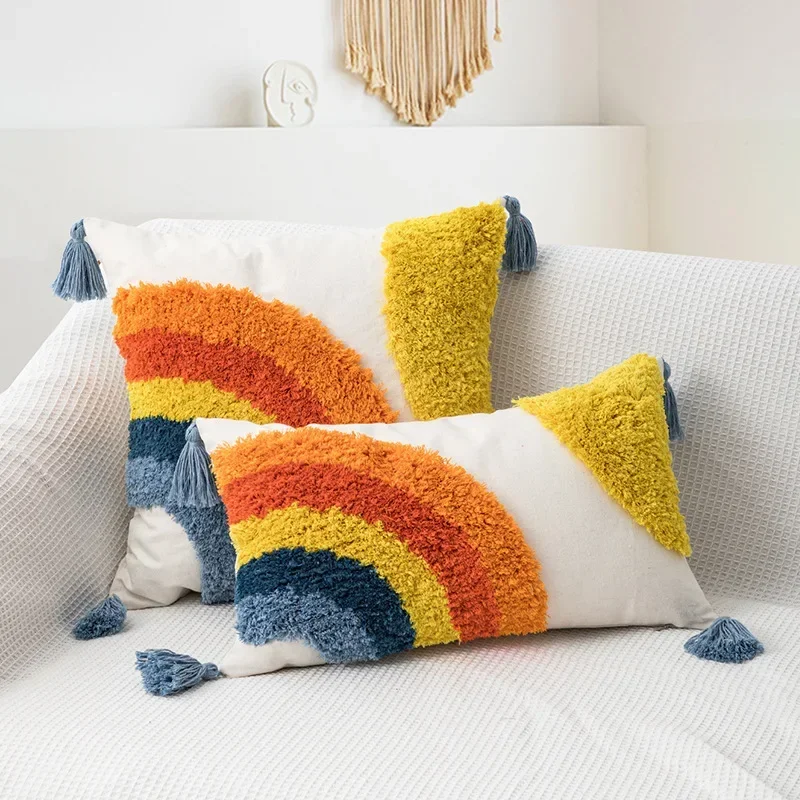 Чехлы на подушки вышитые льняные хлопковые наволочки с кисточками декоративные