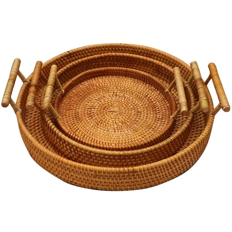 

3PCS Rattan Picnic Basket Storage Basket Portable Binaural Rattan Basket Snack Fruit And Vegetable Storage Basket