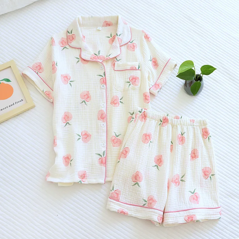 Sweet Summer Crepe Cotton Pajama Set For Women Sleepwear Soft Pyjamas Short Sleeve Homewear Nightwear For Ladies