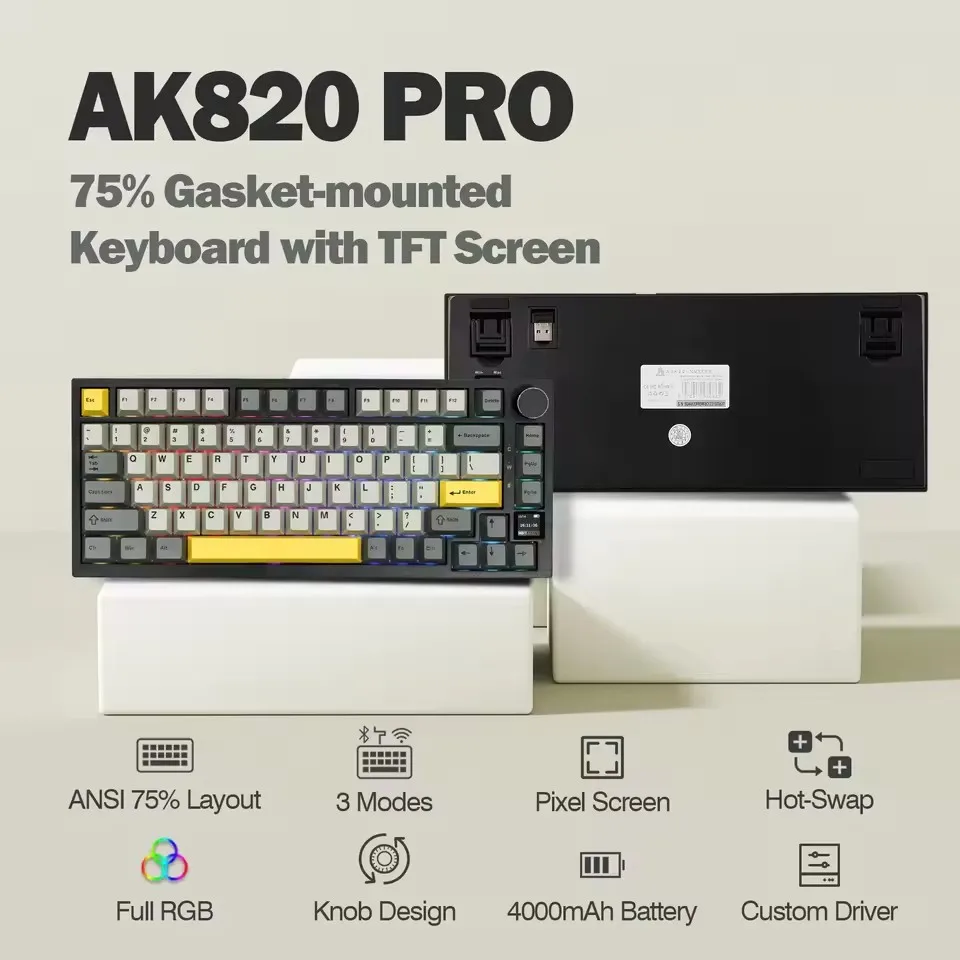 Фото Ajazz AK820 Pro Игровая клавиатура с магнитным переключателем, прокладка, Bluetooth 5,1/2,4G, беспроводной/проводной TFT-экран типа C для Mac/Win №2