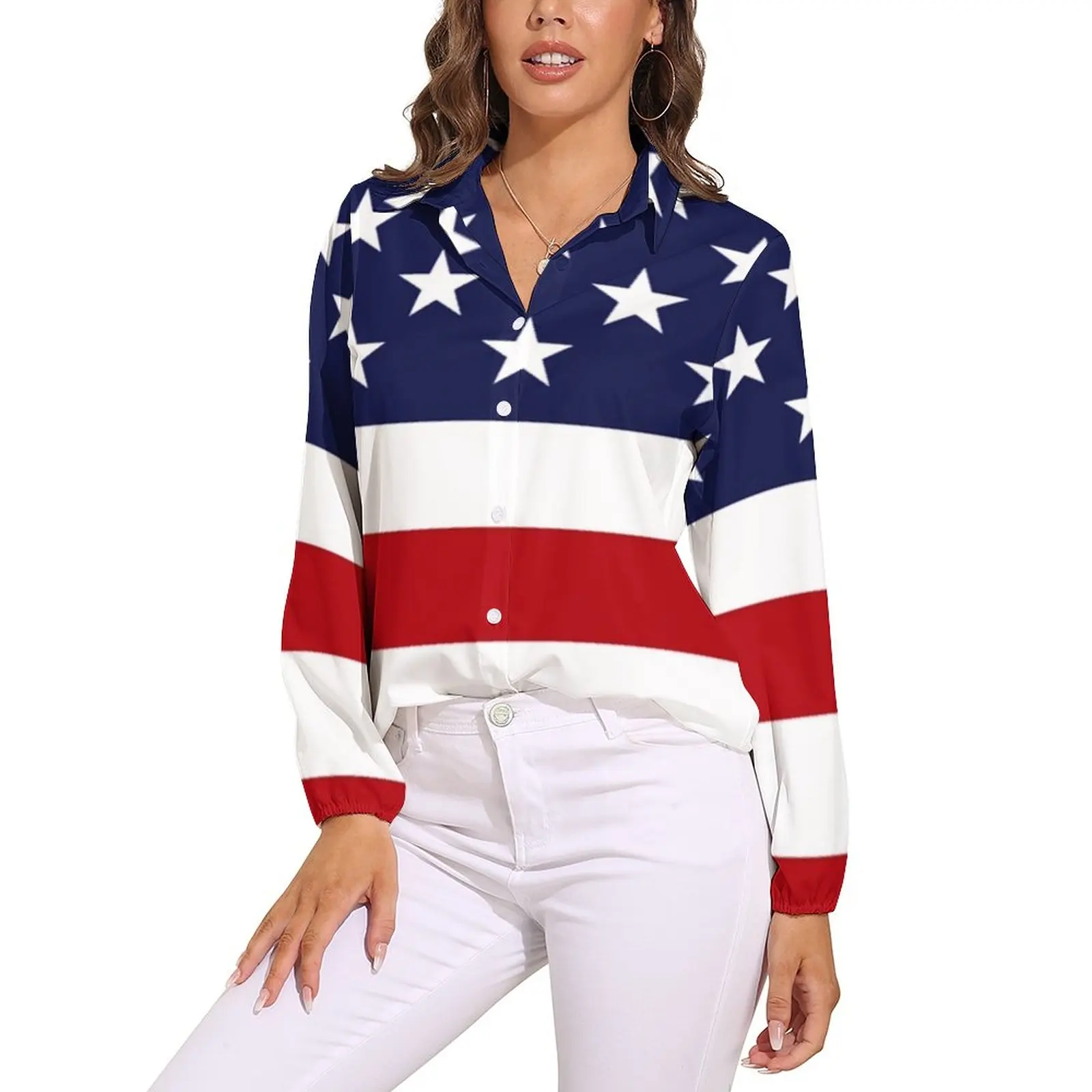

White And Red Stripes Blouse American Flag Aesthetic Print Blouses Female Long-Sleeve Casual Shirt Autumn Oversized Tops
