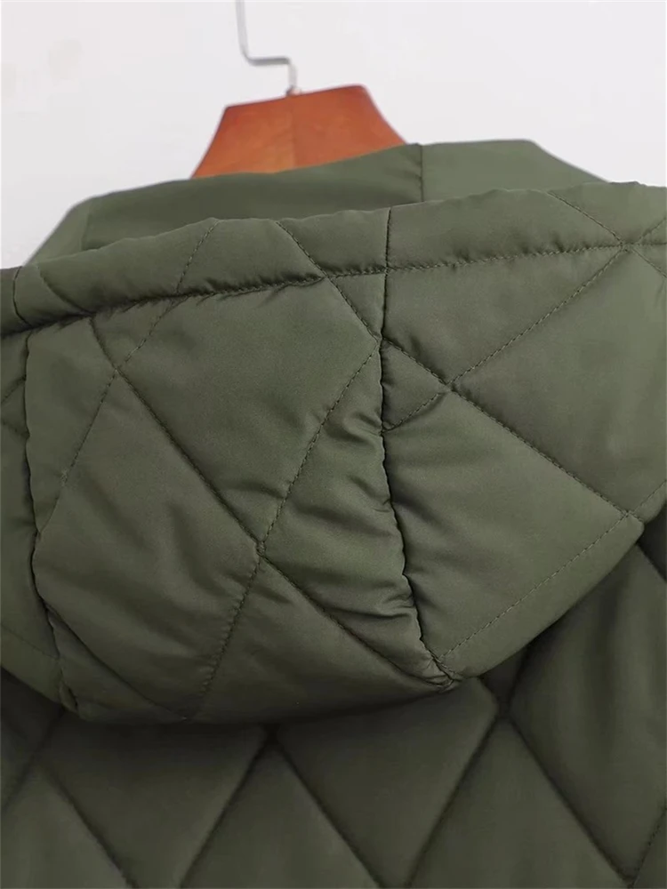 KEYANKETIAN women's mid-length hooded cotton coat autumn and winter new diamond quilted plaid loose solid color warm cotton coat