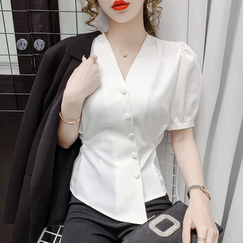2024 Модные летние белые блузки с v-образным вырезом женские элегантные