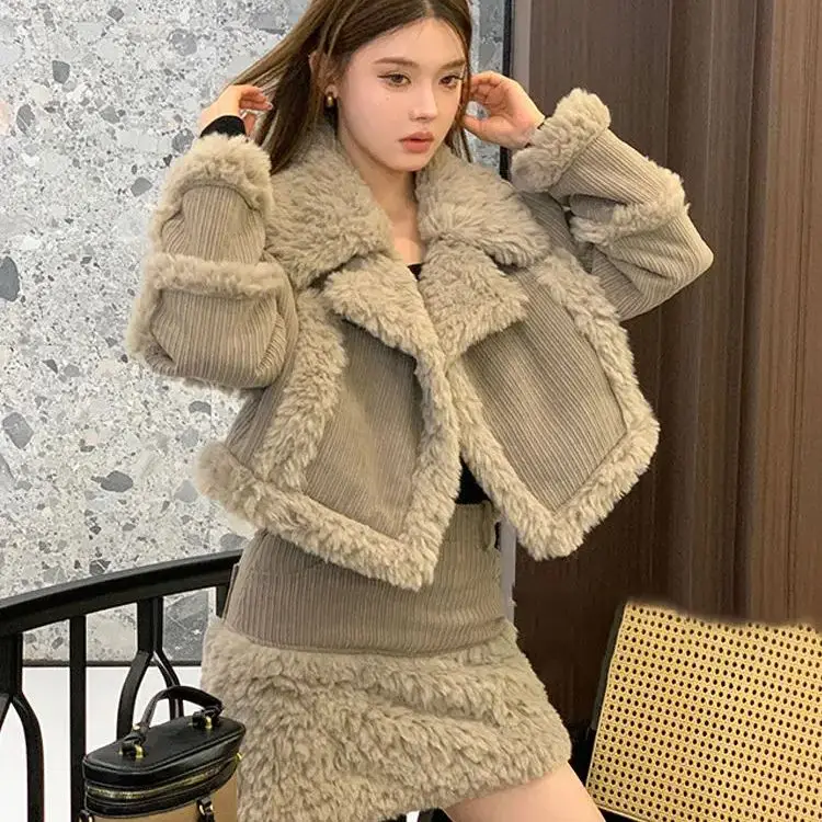 Корейское двухсекционное зимнее женское ретро-стиль модное пушистое короткое