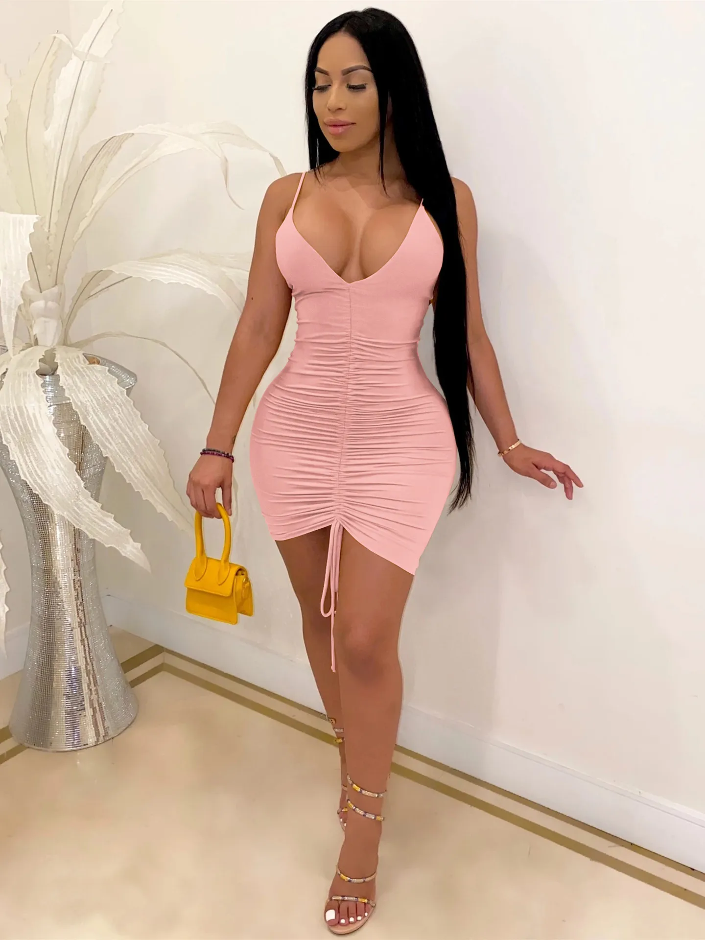 

hirigin Sexy Ruched Bandage Dresses Women Summer Clothes Birthday Outfits Strap Backless Bodycon Mini Night Party Club Dress