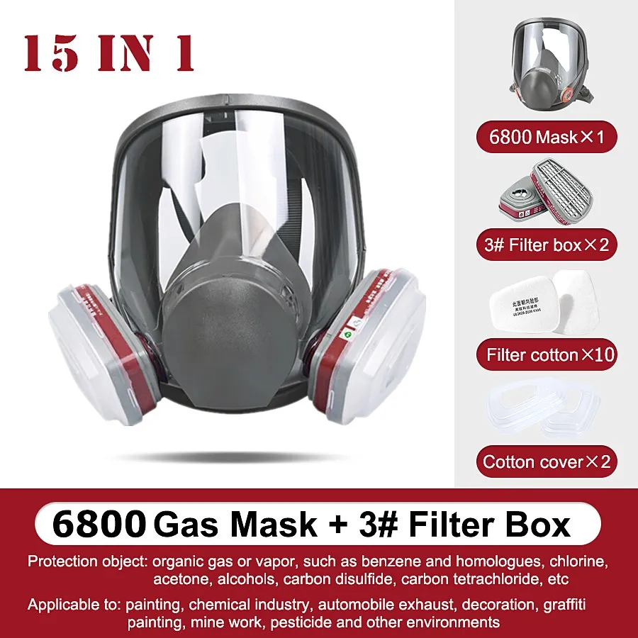 

15 в 1 полностью лицевая противогаз респиратор 6800 покраска распыление органический газ двойные угольные фильтры промышленная химическая маска безопасности