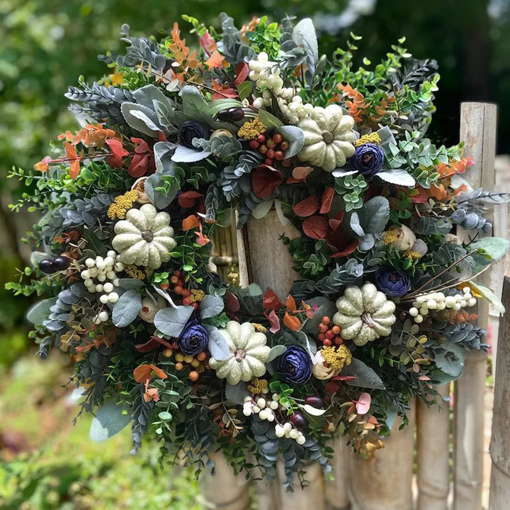 

Artificial Christmas Wreath Decorations Thanksgiving Hydrangea White Pumpkins Ranunculus Wreath For Front Door Hanging Ornament