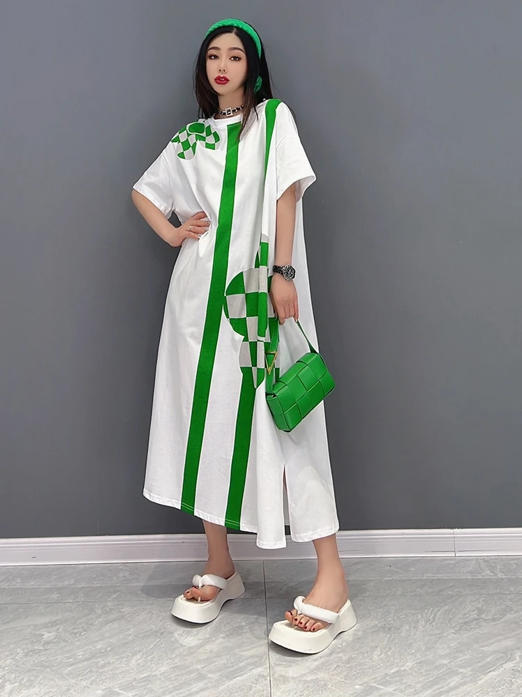 

SuperAen 2022 Summer New Fashion Casual Loose Long Split Printing O Neck A Line T-shirt Dresses for Women