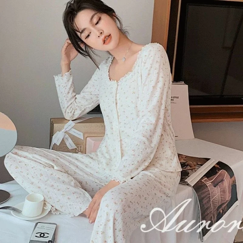 Kawaii Pajama Summer Suit for Women Two Piece Set Summer Small Floral Lace Edge Pyjamas Sleepwear Pijamas Home Clothes