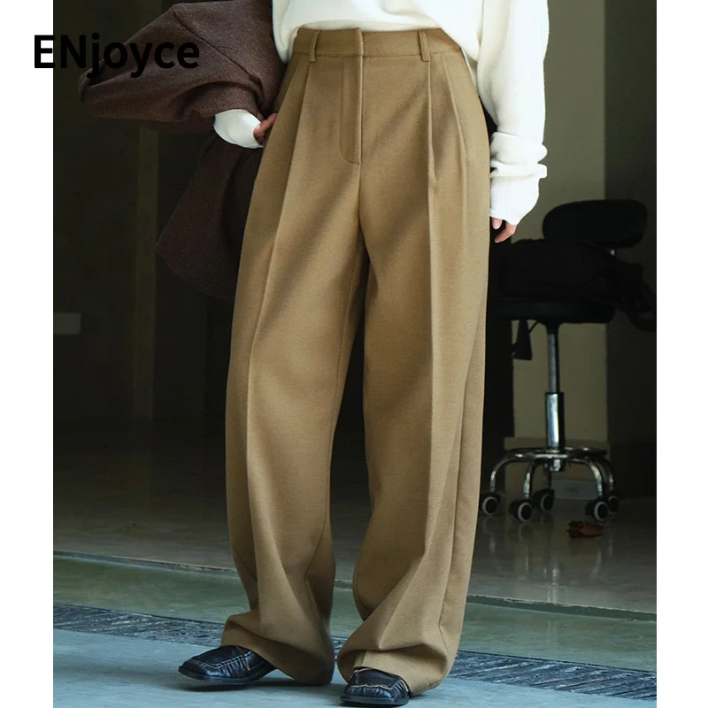 Japan Loose Style Office Lady Double Pleated Waist Wide Leg Suit Pants Women Casual Straight Mopping Drap Trousers Fall Winter