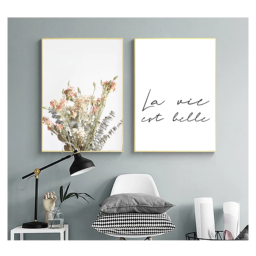 

La vie est belle French Quote Black White Canvas Poster Flowers Wall Art Painting Print Nordic Decorative Picture Home Decor