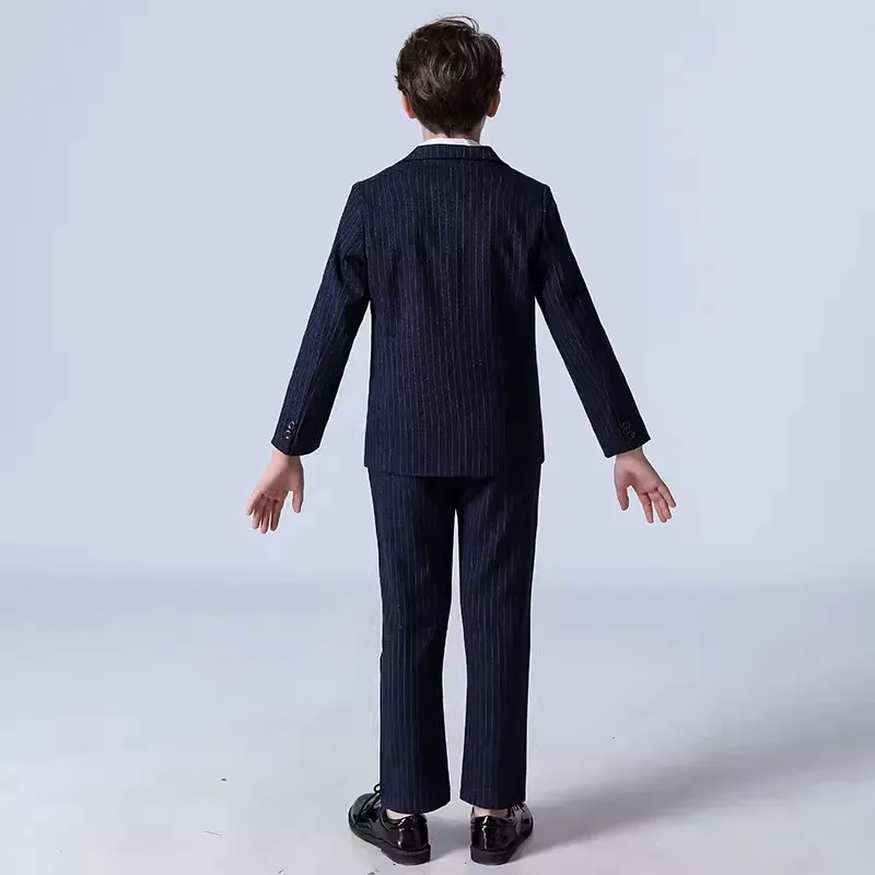 Детский двубортный пиджак в синюю полоску жилет и брюки платье-смокинг для