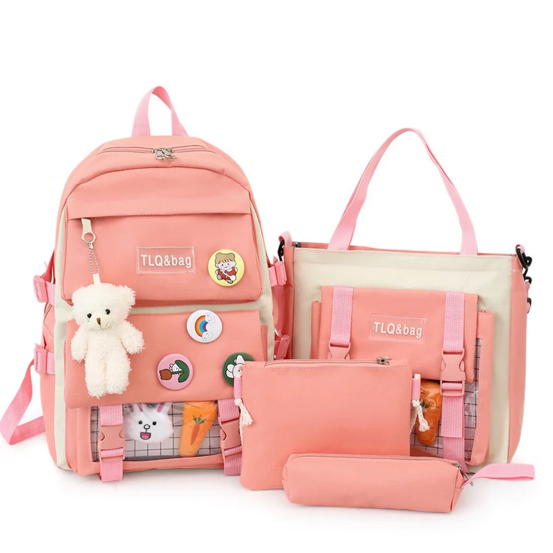 

2023 New 4 Pcs Sets Women High School Bags Nylon Kawaii Women Backpack Fashion Book Bags Female with Plush Pendant Cute