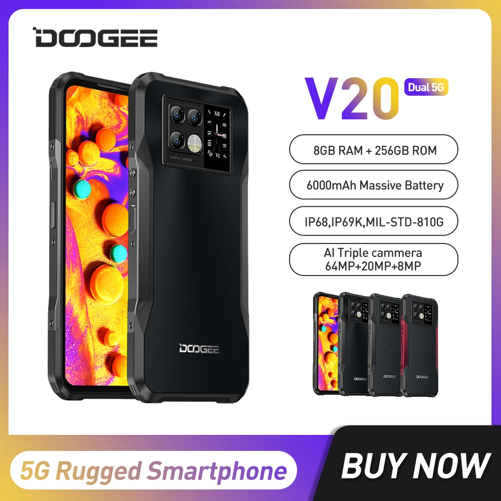 DOOGEE прочный телефон V20 двойной 5G Смартфон Android 11 6,43 "мобильный телефон 8 Гб 256 Гб мобильный телефон 1,05" задний Дисплей Аккумулятор 6000 мАч