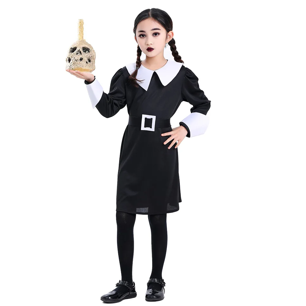 Girls Wednesday Addams Family Cosplay Costume Vintage Gothic Outfits Halloween Clothing Kids Morticia Addams Printing Dress