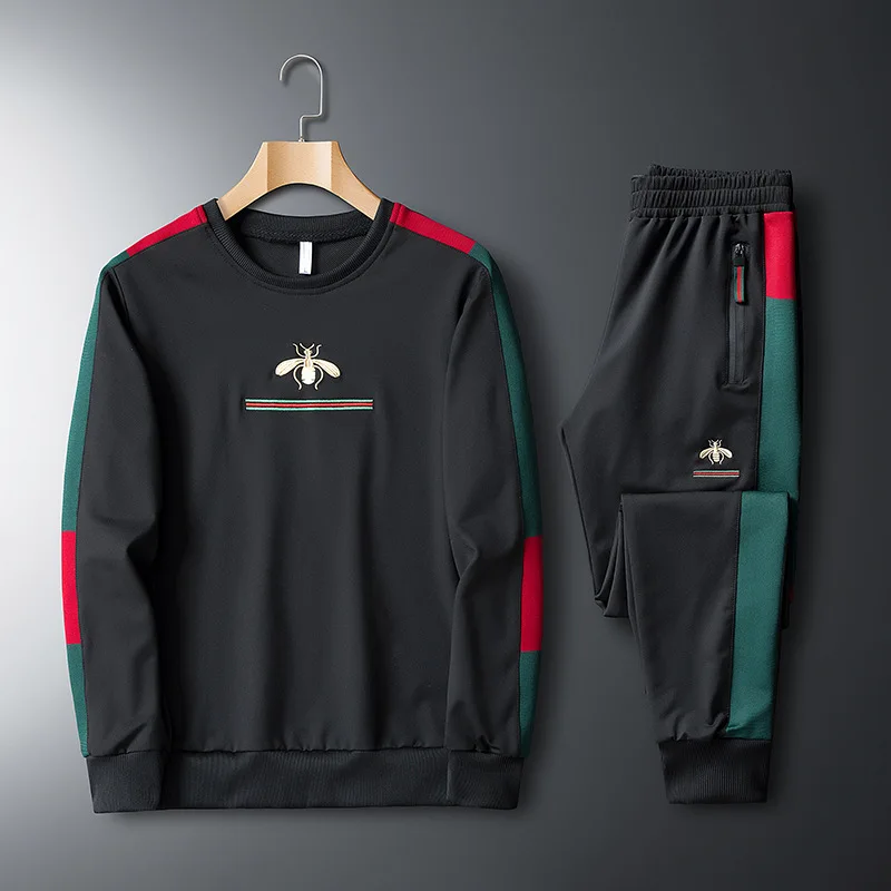 

New Elastic Casual Embroidered Long Sleeve O-neck Suit Fitness Sports Trousers Set Two Piece Tracksuit Men Streetwear Clothing