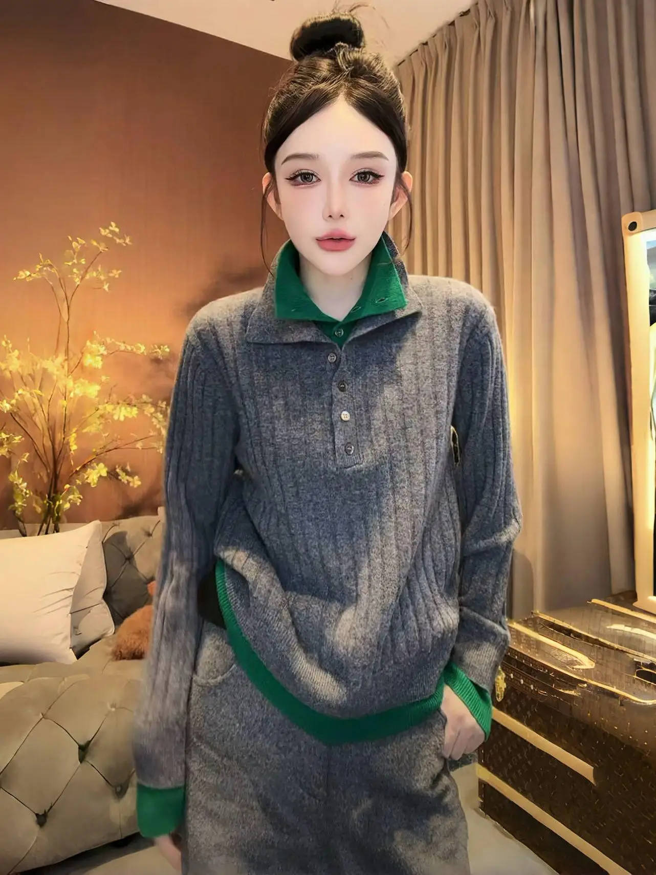 2024 Autumn and Winter New Age-Reducing Fashion Gray Knit Women High-Grade Versatile Loose Casual Pants Two-piece Suit