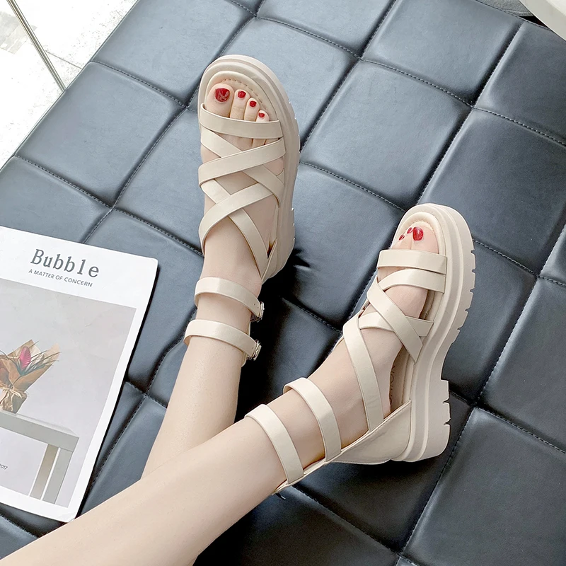 

Summer New Roman Sandals Sticky Leather Open Toe Square Heel Pu Roman Shoes Cross Strap Zipper Mid Heel Sandals for Women 2022