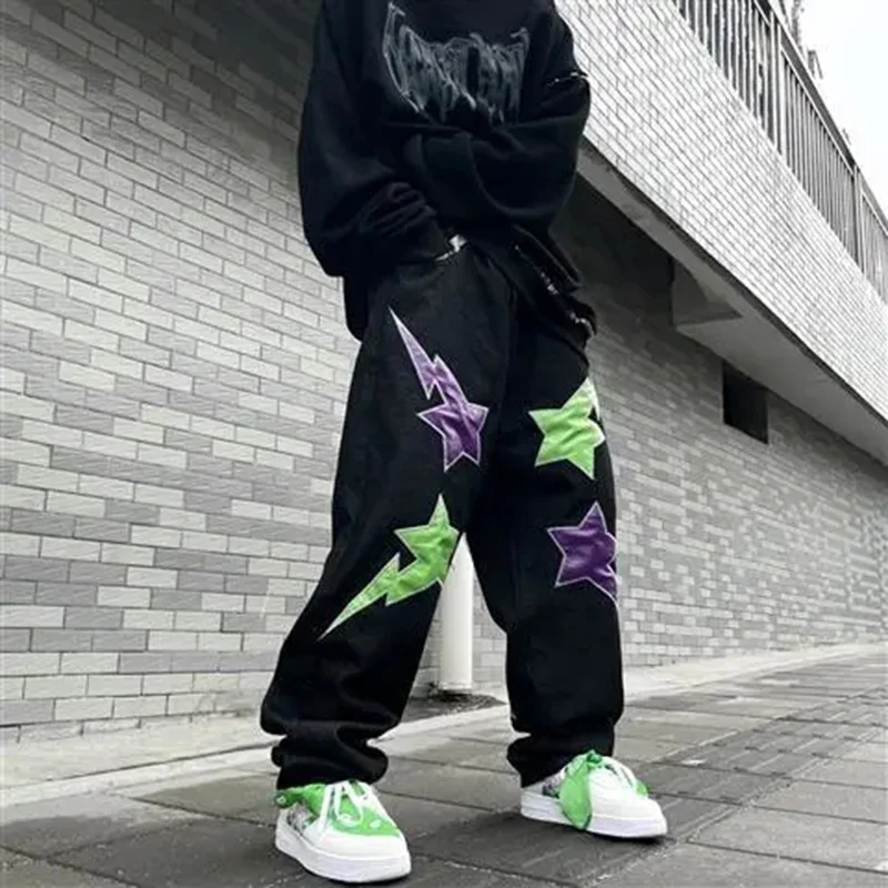 New American High Street Fashion Streetwear Lightning Love Patch Embroidery Harajuku Jeans Hip Hop Trousers Men Y2k Hot Sale