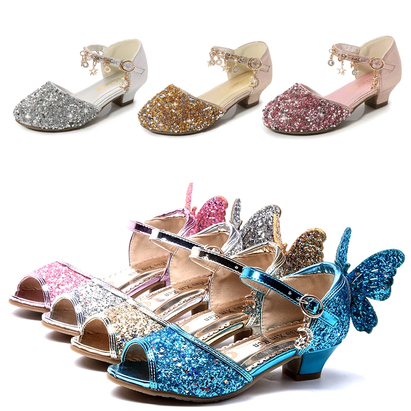 

Сандалии принцессы для девочек, детские босоножки с бабочками и стразами на высоком каблуке, детская обувь с блестками для латиноамериканских танцев, летняя Праздничная обувь с кристаллами