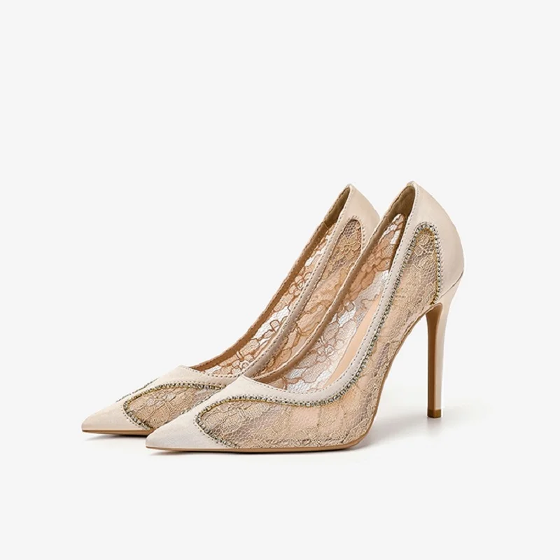 

Летние кружевные сетчатые Прошитые свадебные туфли с острым носком на шпильке свадебные туфли банкетное платье Универсальные женские санд...