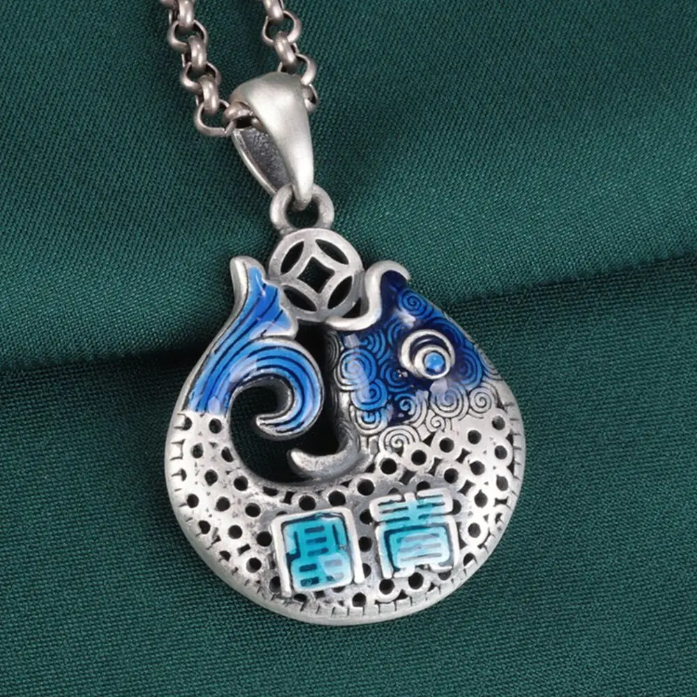 

Pure S990 Sterling Silver Men Women Lucky Enamel Koi Hollow Fish Pendant 12.5g