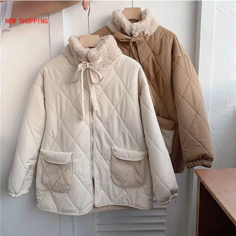 Lamb Wool Coat Female Winter Korean Loose Pockets Plush Thick Warm Parkas Women Cotton Padded Jacket Japanese Jackets Apricot