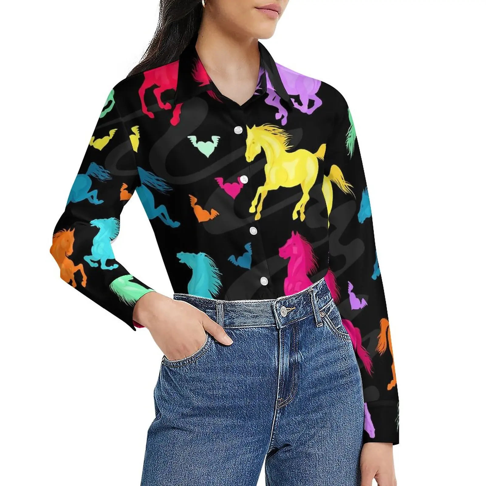 

Colorful Horse Blouse Women Running Animal Street Style Loose Blouses Long Sleeve Kawaii Shirt Graphic Top Big Size 2XL 3XL