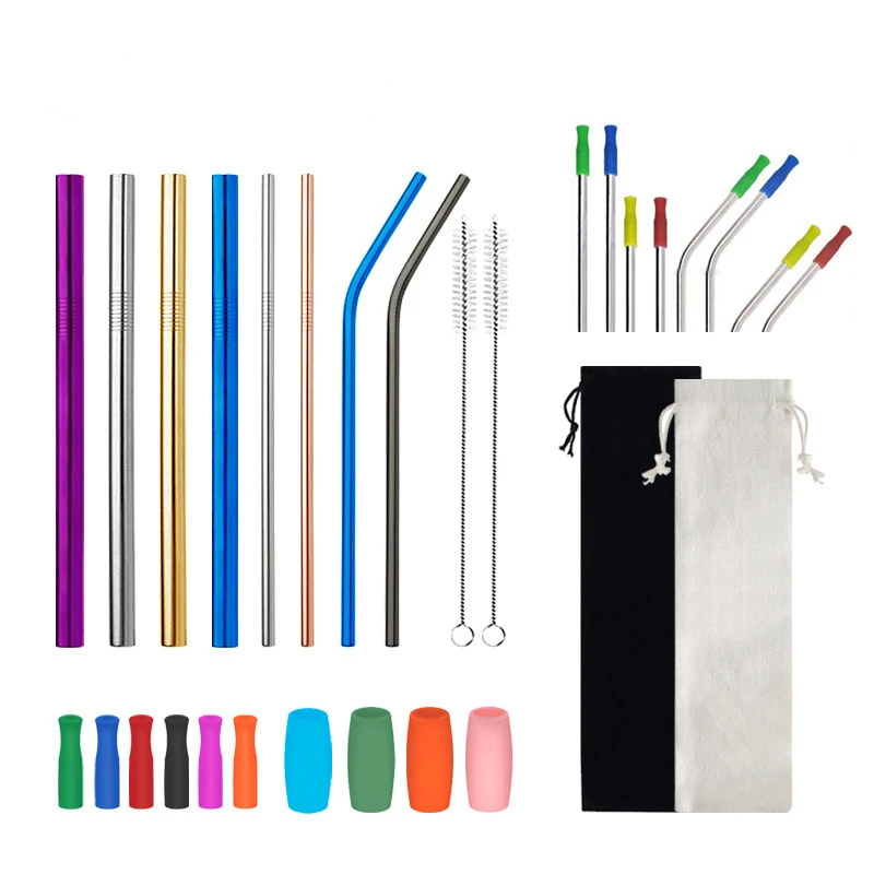 

304 Stainless Steel Straw Set Reusable Environmental Straw with Straw Brush Bubble Tea Milk Tea Universal with Storage Bag