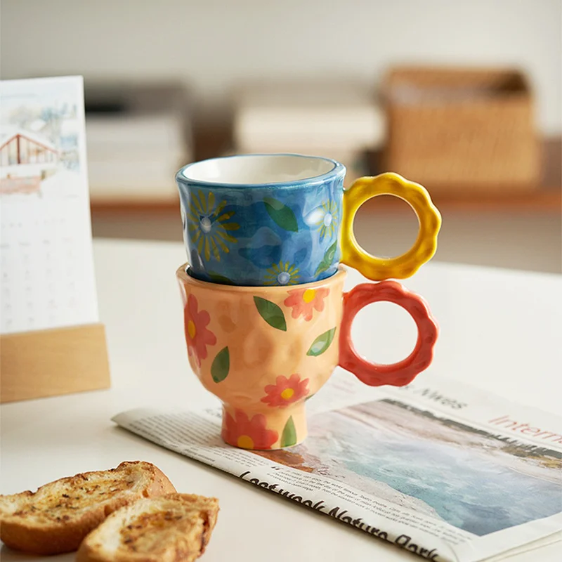 

Ceramic Mugs With Big Handgrip Handpainted Cute 210ml Breakfast Creative Ins Home Milk Tea Drinkware Floral Under Glazed Cups