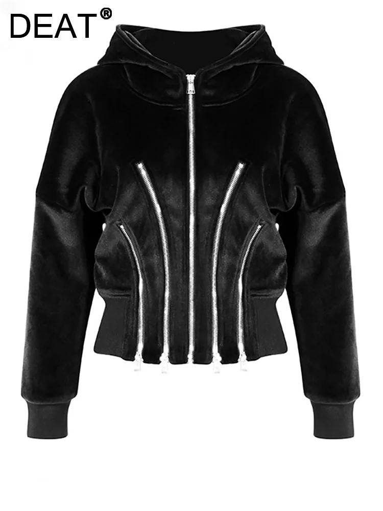 

DEAT Fashion Women's Pullower Slim Hooded Full Sleeve Multi Zipper Elasticity Waist Black Sweatshirt Autumn 2023 New Tide 7I270