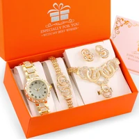 luxury watch for women golden diamond jewelry ladies quartz watch bracelet necklace earrings rings 6pcs gift set for girlfriend