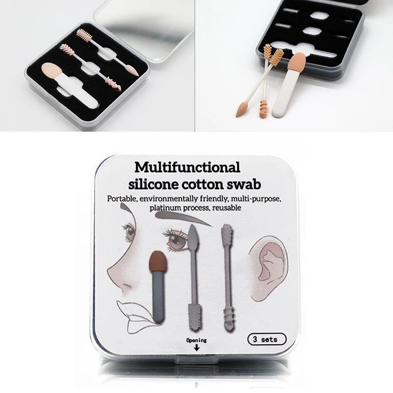 

3 Pcs Portable Reusable Silicone Cotton Swab Ear Cleaning Tool Cosmetic Swabs Sticks With Mirror Box Makeup Brush Set