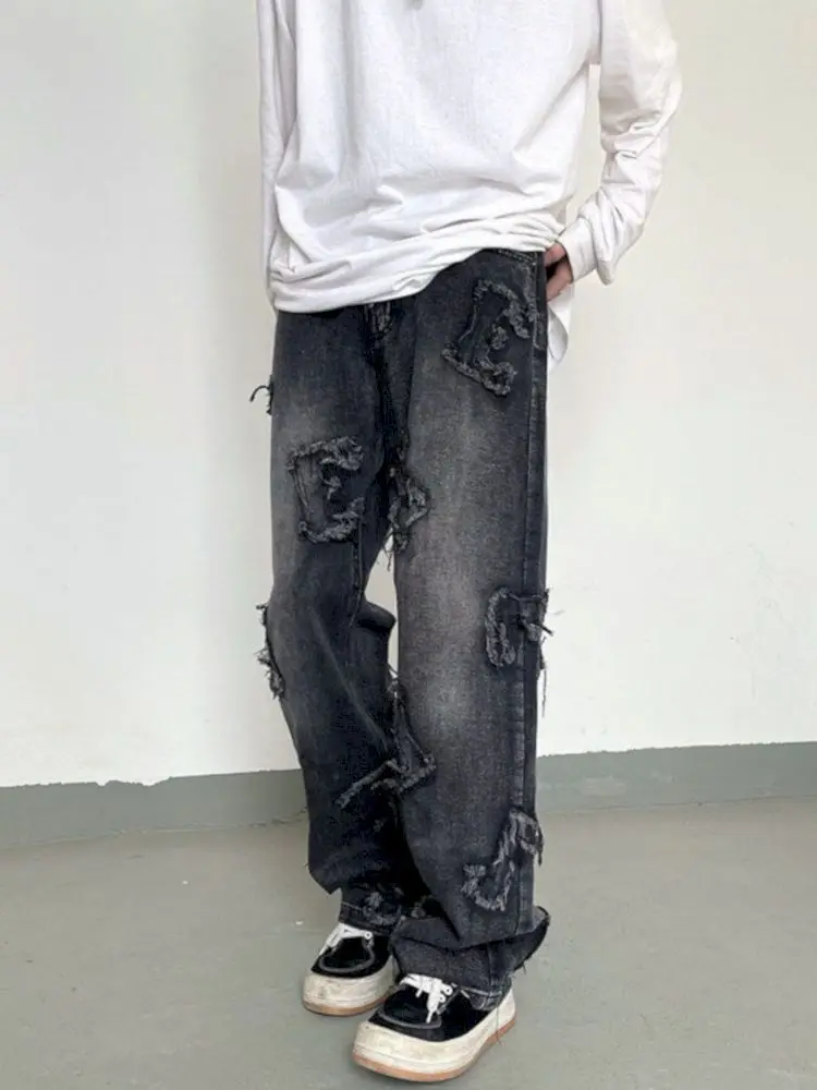 

Original National American Retro Street Jeans Female Letter Patch Raw Edge Washed Versatile Straight Wide Leg Pants Punk Bottom