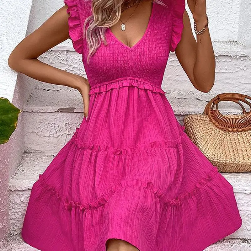 

Shirred Frill Hem Casual Smock Dress Women Solid Color Sleeveless V Neck Sexy High Waist Summer Dress