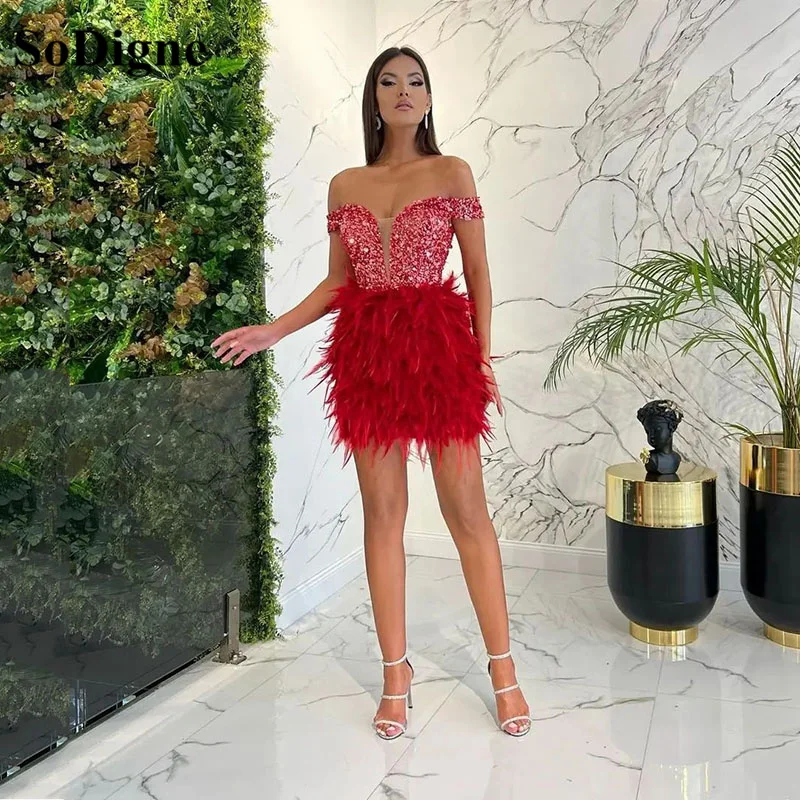 

SoDigne Red Off the Shoulder Cocktail Dresses Feathers Sequin Mini Sexy Party Gowns Above Knee Prom Dress 2022