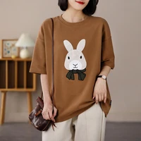 cotton 2022 new summer short sleeved t shirt womens flocking rabbit large size loose t shirt kawaii women fashion tops
