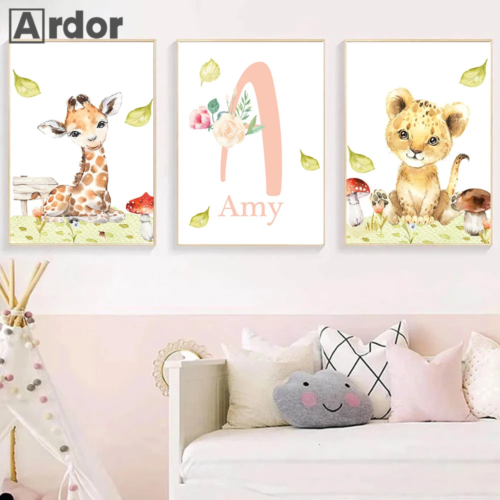 

Animal Lion Elephant Wall Art Painting Poster Custom Name Canvas Print Mushroom Posters Nursery Wall Pictures Kids Room Decor